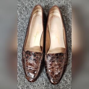 Salvatore Ferragamo Dark Brown Croc-Embossed Loafers